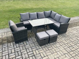 Fimous Outdoor Furniture Garden Dining Set Rattan Corner Sofa Chair Set Rectangular Dining Table with Temper Glass Footstools in Dark Grey