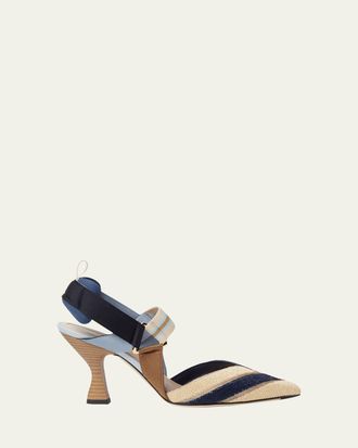 Fendi 85mm Colibri Mixed-Media Raffia Slingback Pumps