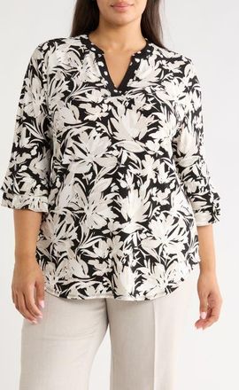 Kasper Floral Print Stretch Crepe Top in Summer Straw Multi at Nordstrom, Size 2X