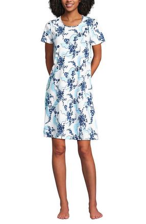 Lands End Cotton Short Sleeve Knee Length Nightgown in White/muted Cobalt Lace Floral at Nordstrom, Size X-Large P