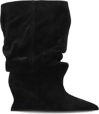 Balmain Gedrapeerde Su&egrave;de Sleehak Enkellaarsjes - Dames - Sleehakken - Zwart - 39 EU - Su&egrave;de - Schoenen