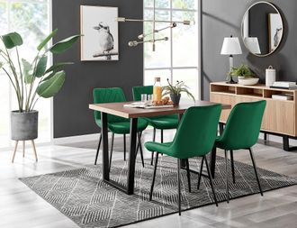 Furniturebox Kylo Brown Wood Effect Dining Table With Black U Legs & 4 Pesaro Velvet Chairs in Green