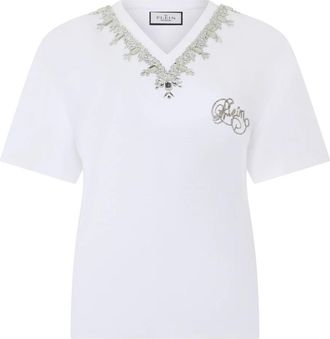 Philipp Plein V-Neck T-Shirt Crystals - Dames - T-shirts - Wit - XS - Katoen - Tops