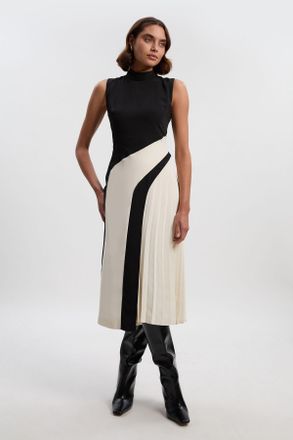 Karen Millen Womens Soft Tailored Colour Block High Neck Pleated Midi Dress - Monochrome Multi - Size 12 UK