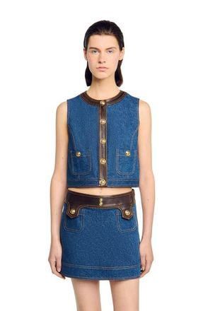 Sandro Denim and leather top in Dark Blue at Nordstrom, Size X-Small