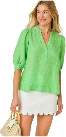 Lilly Pulitzer Mialeigh Elbow Sleeve Linen Top Womens Clothing Putting Green X Resort White : 14