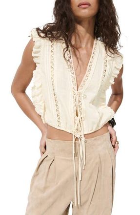 Mango Tie Front Ruffled Lace Trim Top in Ecru at Nordstrom, Size 6