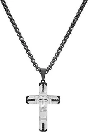 HMY Jewelry Mens Two-Tone Stainless Steel Etched Cross Pendant Necklace in Silver/Black at Nordstrom Rack