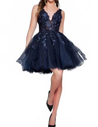 Jovani Fit And Flare Floral Applique Dress In Navy/black