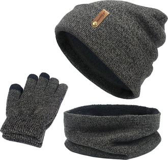 Generic Adult Mens Black Hat Gloves Set Scarf Gift Winter Beanie 3-Piece Long and Touch Ladies Sets in Box Screen Thermal