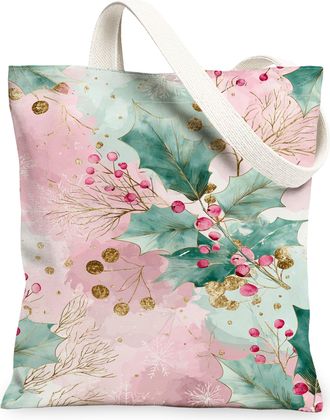 Generic Christmas Holly Canvas Tote Bags, Floral Pattern Reusable Grocery Bags, Vintage Lightweight Washable Shoulder Strap Canvas for Gym Outdoor Travel Picn
