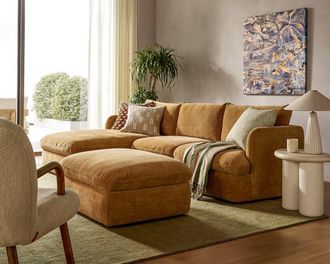 Castlery Ollie Storage Chaise Sectional Sofa Left Facing with Ottoman, Mustard Brown, Removable Covers, Gaslift Storage for Living Room