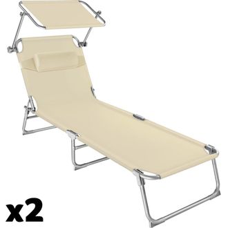 TecTake 2 tumbonas ajustables en 4 niveles con parasol y reposacabezas, beige