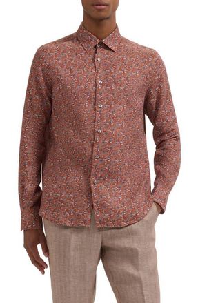Bugatchi Julian Shaped Fit Floral Linen Button-Up Shirt in Sienna at Nordstrom, Size Xx-Large