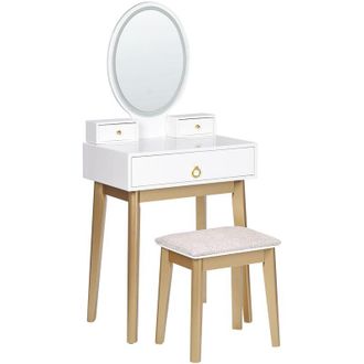 Beliani Tocador Led Blanco Dorado Beige 58 X 40 Cm Mdf 3 Cajones Espejo Taburete Rosey