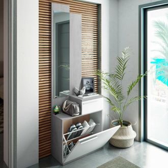 Dmora Mueble Recibidor Dner, Zapatero Multifunci&oacute;n Con Espejo, Armario Con 1 Puerta Y 1 Caj&oacute;n, 61x28h185 Cm, Cemento Y Blanco Brillo - Dmora