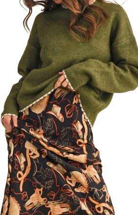 Merci Contrast Knit Scalloped Edge Sweater In Olive Green