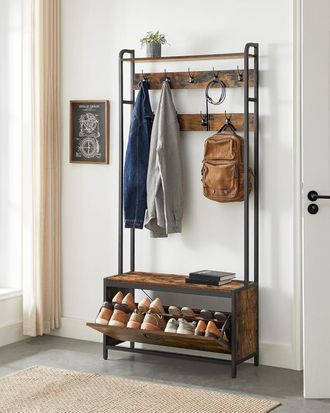 Vasagle Coat Rack Hall Tree with Bench Hooks & Shoe Storage in Black