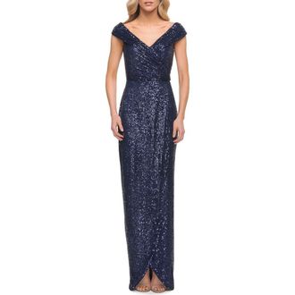 La Femme Sequin Long Evening Dress with Ruching and V Neck in Navy at Nordstrom, Size 18