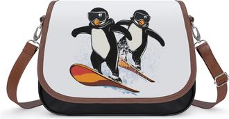 Generic Ski And Snowboard Penguins Crossbody Bag Womens Handbag PU Message Bags Shoulder Purse with Adjustable Strap