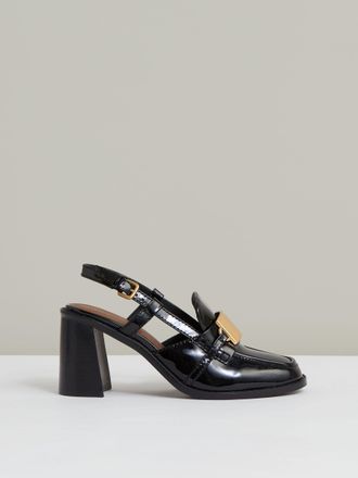 Reiss Black Patent Leather Slingback Heeled Loafers, 336