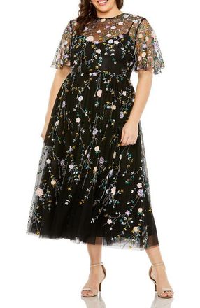 Mac Duggal Embellished Sequin Flutter Sleeve Illusion High Neck Midi Dress in Black Multi at Nordstrom, Size 14W
