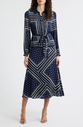 Elie Tahari The Hollie Diamond Rain Print Long Sleeve Silk Blend Midi Shirtdress at Nordstrom, Size X-Small