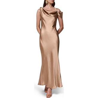 DKNY Asymmetric Shoulder Satin Gown in Camel at Nordstrom, Size 12