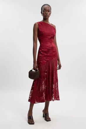 Karen Millen Womens Petite Devoure One Shoulder Woven Maxi Dress With Trim Detail - Burgundy - Size 14 UK