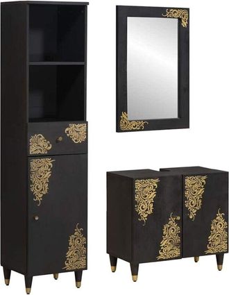 vidaXL Juego De Muebles De Ba&ntilde;o 3 Pcs Negro Madera De Mango Maciza Vidaxl