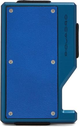 Piquadro Accessoires, Heren, Blauw, ONE Size, Leer, Aluminium Kaarthouder met Mag Safe en Elastische Band