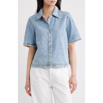 Frame Denim Denim Crochet Trim Button-Up Top in Lacewing at Nordstrom, Size X-Small