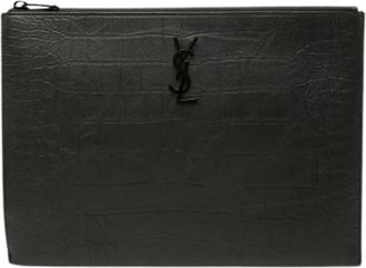 Saint Laurent Pre-owned Croc Embossed Leather Clutch - Dames - Vintage Clutch - Zwart - ONE Size - Leer - Vintage