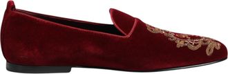 Dolce & Gabbana Mens Velvet Embroidered Loafers - Dark Red Textile - Size UK 8