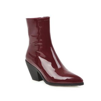Generic Womens Patent Leather Pointed Toe Cowboy Boots,Mid-Calf Western Style with Block Heel for Work & Casual,Burgundy,6.5 UK