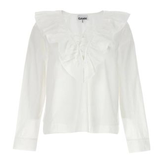 Ganni Blusa de Popelina de Algod&oacute;n con Volantes y Cuello en V - Blouses & Shirts - Mujer - Blanco - L