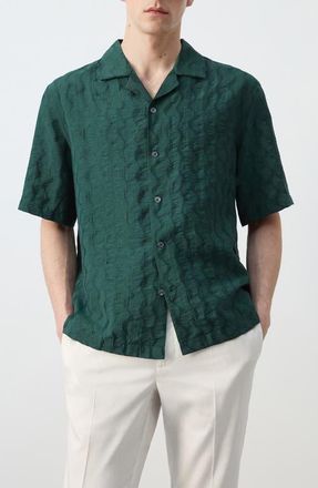 Mango Tonal Stripe Camp Shirt in Emerald Green at Nordstrom, Size X-Large