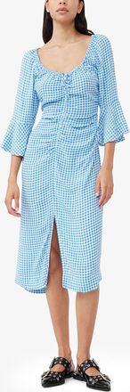 Ganni Blue Printed Crepe Gathered U-neck Midi Dress - Size 32 Viscose