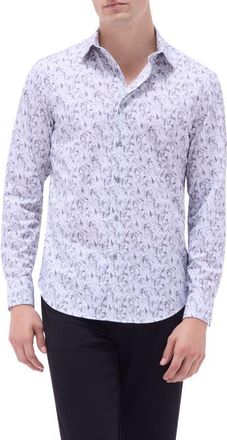 Bugatchi James OoohCotton Leaf Print Button-Up Shirt in Platinum at Nordstrom, Size Xxx-Large