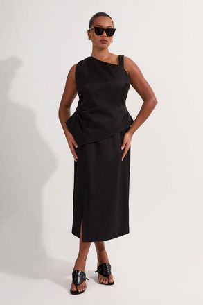 Karen Millen Womens Plus Size Premium Viscose Linen Asymmetric Neck Tailored Pencil Maxi Dress - Black Nylon - Size 24 UK