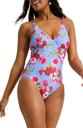 Tommy Bahama Chambray Beach Floral One-Piece Swimsuit in Blue Monday at Nordstrom, Size 14