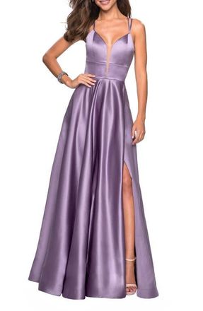 La Femme Long Satin Formal Gown with Leg Slit and Strappy Back in Lavender/gray at Nordstrom, Size 10