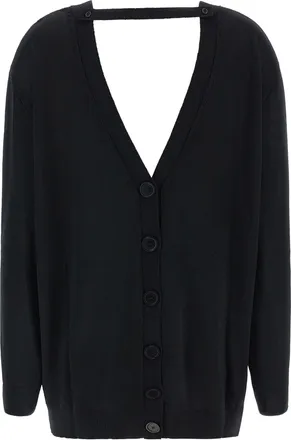 Nude Deep V-Neck Wool Cardigan - Black