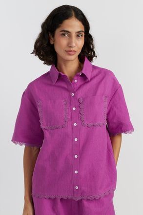 Chinti and Parker Sienna Linen-Blend Scallop Edge Shirt in Magenta at Nordstrom, Size 10