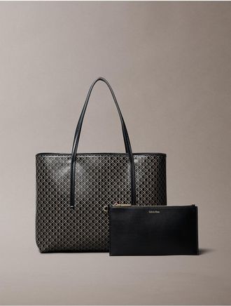 Calvin Klein Womens Allover Emblem Logo Small Tote Bag with Pouch - Black