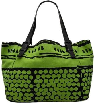 Bottega Veneta Pre-owned Vache Bubble Print Canvas Leather Tote Bag - Dames - Vintage Shopper - Groen - ONE Size - Leer - Vintage