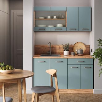 Vicco Cucina monoblocco R-Line, Rovere blu-grigio/oro, 140 cm senza piano di lavoro