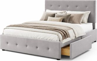 STILVORA Cama Con Cajones 140 X 200 Cm Tapizada, Cama Doble Con 4 Cajones, Sin Colch&oacute;n, Gris