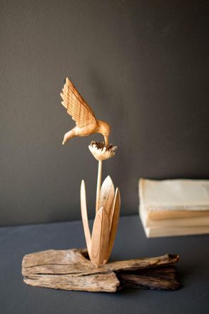 Kalalou Repurposed Wood Sculpture With Hand Carved Humming Bird
