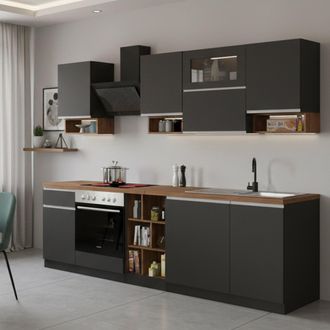 Dmora Dmora - Cocina Completa Ronnie, Cocina Pr&aacute;ctica Y Que Ahorra Espacio, Pared De Cocina Con 8 Puertas Y 1 Caj&oacute;n, 100% Made In Italy, 255x60h85 Cm, Antra